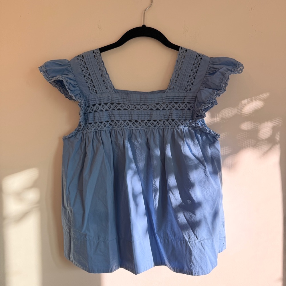 Anthropologie English Factory Blue Ruffled Sleeve Tank Blouse, Size S